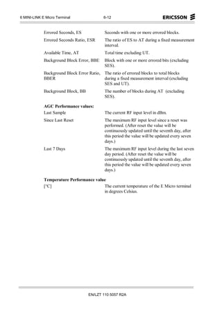 6 MINI-LINK E Micro Terminal                6-12



             Errored Seconds, ES             Seconds with one or more errored blocks.
             Errored Seconds Ratio, ESR      The ratio of ES to AT during a fixed measurement
                                             interval.
             Available Time, AT              Total time excluding UT.
             Background Block Error, BBE     Block with one or more errored bits (excluding
                                             SES).
             Background Block Error Ratio, The ratio of errored blocks to total blocks
             BBER                          during a fixed measurement interval (excluding
                                           SES and UT).
             Background Block, BB            The number of blocks during AT (excluding
                                             SES).

             AGC Performance values:
             Last Sample                     The current RF input level in dBm.
             Since Last Reset                The maximum RF input level since a reset was
                                             performed. (After reset the value will be
                                             continuously updated until the seventh day, after
                                             this period the value will be updated every seven
                                             days.)
             Last 7 Days                     The maximum RF input level during the last seven
                                             day period. (After reset the value will be
                                             continuously updated until the seventh day, after
                                             this period the value will be updated every seven
                                             days.)

             Temperature Performance value
             [°C]                        The current temperature of the E Micro terminal
                                         in degrees Celsius.




                                    EN/LZT 110 5057 R2A
 