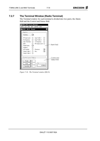 7 MINI-LINK C and MkII Terminals                7-14




7.2.7        The Terminal Window (Radio Terminal)
             The Terminal window for each terminal is divided into two parts; the Alarm
             field and the Control and Status field.




             Figure 7-16. The Terminal window (ML23).




                                       EN/LZT 110 5057 R2A
 