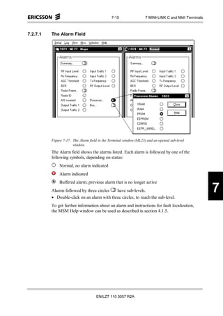 7-15                 7 MINI-LINK C and MkII Terminals



7.2.7.1   The Alarm Field




          Figure 7-17. The Alarm field in the Terminal window (ML23) and an opened sub-level
                       window.
          The Alarm field shows the alarms listed. Each alarm is followed by one of the
          following symbols, depending on status:
              Normal, no alarm indicated
              Alarm indicated
              Buffered alarm; previous alarm that is no longer active
          Alarms followed by three circles   have sub-levels.
          • Double-click on an alarm with three circles, to reach the sub-level.
                                                                                                       7
          To get further information about an alarm and instructions for fault localization,
          the MSM Help window can be used as described in section 4.1.5.




                                     EN/LZT 110 5057 R2A
 