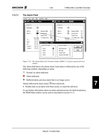 7-29                 7 MINI-LINK C and MkII Terminals



7.3.7.1   The Alarm Field




          Figure 7-41. The Alarm field in the Terminal window (SMM 1+1) and an opened sub-level
                       window.
          The Alarm field shows the alarms listed. Each alarm is followed by one of the
          following symbols, depending on status:
              Normal, no alarm indicated
              Alarm indicated
              Buffered alarm; previous alarm that is no longer active
          Alarms followed by three circles   have sub-levels.
          • Double-click on an alarm with three circles, to reach the sub-level.
                                                                                                      7
          To get further information about an alarm and instructions for fault localization,
          the MSM Help window can be used as described in section 4.1.5.




                                     EN/LZT 110 5057 R2A
 
