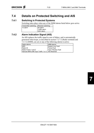 7-33                     7 MINI-LINK C and MkII Terminals




7.4     Details on Protected Switching and AIS
7.4.1   Switching in Protected Systems
        Switching takes place when any of the SMM alarms listed below goes active.
        Transmitter switching   Receiver switching
        Tx alarm                Rx alarm
                                Traffic alarm
                                AGC alarm

7.4.2   Alarm Indication Signal (AIS)
        An AIS replaces the traffic signal in case of failure, and is automatically
        generated when loops, as described in section 7.2.7.2 (Radio terminal) and
        7.3.7.2 (SMM), are set or any of the following alarms is active:
        Radio alarms                             SMM alarms
        BER                                      System Line Fault
        Radio ID                                 Frame Fault
        Radio Frame 1 and 2                      Input Tributary Fault
        Remote MINI-LINK Input Traffic 1 or 2    AIS Received




                                                                                                            7




                                   EN/LZT 110 5057 R2A
 