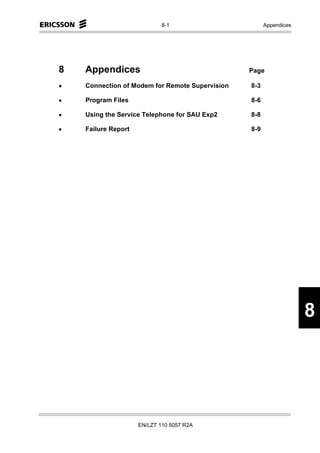 8-1                       Appendices




8   Appendices                                   Page

•   Connection of Modem for Remote Supervision   8-3

•   Program Files                                8-6

•   Using the Service Telephone for SAU Exp2     8-8

•   Failure Report                               8-9




                                                                    8




                     EN/LZT 110 5057 R2A
 