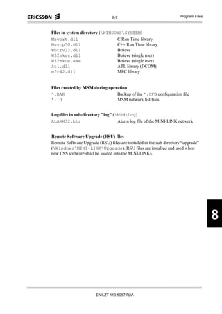 8-7                                  Program Files
                                                                      Appendices



Files in system directory (WINDOWSSYSTEM)
Msvcrt.dll                       C Run Time library
Msvcp50.dll                      C++ Run Time library
Wbtrv32.dll                      Btrieve
W32mkrc.dll                      Btrieve (single user)
W32mkde.exe                      Btrieve (single user)
Atl.dll                          ATL library (DCOM)
mfc42.dll                        MFC library


Files created by MSM during operation:
*.BAK                           Backup of the *.CFG configuration file
*.id                            MSM network list files


Log-files in sub-directory "log" (MSMLog)
ALARM32.btr                        Alarm log file of the MINI-LINK network


Remote Software Upgrade (RSU) files
Remote Software Upgrade (RSU) files are installed in the sub-directory “upgrade”
(WindowsMINI-LINKUpgrade). RSU files are installed and used when
new CSS software shall be loaded into the MINI-LINKs.




                                                                                     8




                        EN/LZT 110 5057 R2A
 