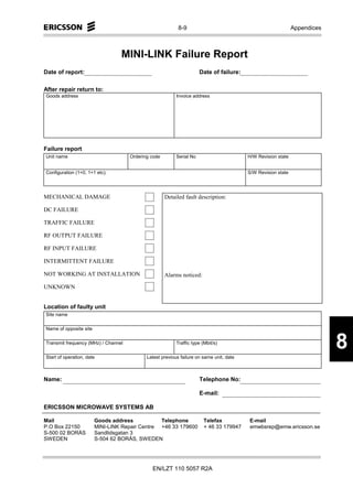 8-9                                                Appendices



                                 MINI-LINK Failure Report
Date of report:                                                       Date of failure:

After repair return to:
Goods address                                             Invoice address




Failure report
Unit name                            Ordering code        Serial No                      H/W Revision state


Configuration (1+0, 1+1 etc).                                                            S/W Revision state




MECHANICAL DAMAGE                                    Detailed fault description:

DC FAILURE

TRAFFIC FAILURE

RF OUTPUT FAILURE

RF INPUT FAILURE

INTERMITTENT FAILURE

NOT WORKING AT INSTALLATION                          Alarms noticed:

UNKNOWN


Location of faulty unit
Site name

Name of opposite site

Transmit frequency (MHz) / Channel

Start of operation, date
                                                          Traffic type (Mbit/s)

                                            Latest previous failure on same unit, date
                                                                                                                           8
Name:                                                                 Telephone No:

                                                                      E-mail:

ERICSSON MICROWAVE SYSTEMS AB

Mail                    Goods address           Telephone               Telefax          E-mail
P.O Box 22150           MINI-LINK Repair Centre +46 33 179600           + 46 33 179947   emwbsrep@emw.ericsson.se
S-500 02 BORÅS          Sandlidsgatan 3
SWEDEN                  S-504 62 BORÅS, SWEDEN




                                              EN/LZT 110 5057 R2A
 