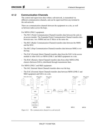 4-5                                                    4 Network Management



4.1.2   Communication Channels
        The control and supervision data within a sub-network, is transmitted via
        different communication channels, and can be supervised from any terminal in
        the sub-network.
        There are communication channels between the equipment on a site, as well
        as between radios across the hops;

        For MINI-LINK E equipment:
        - The NCC (Node Communication Channel) transfers data between the units in
          an access module. The Expanded Node Communication Channel transfers data
          between max. two AMMs and one E Micro at the same site.
        - The RCC (Radio Communication Channel) transfers data between the MMU
          and the RAU.
                                                                                                                                                                                             4
        - The HCC (Hop Communication Channel) transfers data between MMUs over
          the hop.
        - The EAC (External Alarm Channel) transfers data from the SAU in the access
          module to other SAUs or MINI-LINK C and MkII equipment on a site.
        - The RAC (Remote Alarm Channel) transfers data from other MINI-LINK
          clusters (between SAUs), distributed through transmission lines.
        For MINI-LINK C and MkII equipment:
        - The IAC (Internal Alarm Channel) transfers data over the hop.
        - The EAC (External Alarm Channel) transfers data between MINI-LINK C and
          MkII equipment and SAUs on a site.
           M IN I- L IN K E M ic r o                    M IN I-L IN K E        M IN I-L IN K E                                                 M IN I-L IN K E             M IN I-L IN K E
                                                             R A U                  R A U                                                           R A U                       M ic r o




                      N C C                                            H C C                                                                                     H C C

                                 N C C                       R C C
                                                                                                   S A U                       S A U
                                                                                                 (M X U )                    (M X U )
                                             A M M                                A M M                     F ix e d lin e                  A M M


                                                     N C C


                                             A M M


                                                     E A C
                                          A M M , M K II
                                                o r
                                         M IN I-L IN K C

                                            S IT E A                            S IT E B                                                   S IT E C                      S IT E D

        Figure 4-4.             The communication channels in a sub-network.




                                                                     EN/LZT 110 5057 R2A
 