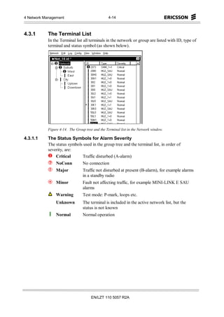 4 Network Management                             4-14



4.3.1       The Terminal List
            In the Terminal list all terminals in the network or group are listed with ID, type of
            terminal and status symbol (as shown below).




            Figure 4-14. The Group tree and the Terminal list in the Network window.

4.3.1.1     The Status Symbols for Alarm Severity
            The status symbols used in the group tree and the terminal list, in order of
            severity, are:
                Critical      Traffic disturbed (A-alarm)
                NoConn           No connection
                Major            Traffic not disturbed at present (B-alarm), for example alarms
                                 in a standby radio
                Minor            Fault not affecting traffic, for example MINI-LINK E SAU
                                 alarms
                Warning          Test mode: P-mark, loops etc.
                Unknown          The terminal is included in the active network list, but the
                                 status is not known
                Normal           Normal operation




                                       EN/LZT 110 5057 R2A
 