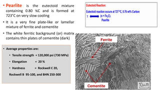 • Pearlite is the eutectoid mixture
containing 0.80 %C and is formed at
723°C on very slow cooling
• It is a very fine plate-like or lamellar
mixture of ferrite and cementite
• The white ferritic background (or) matrix
contains thin plates of cementite (dark)
11
• Average properties are:
• Tensile strength = 120,000 psi (730 MPa)
• Elongation = 20 %
• Hardness = Rockwell C 20,
Rockwell B 95-100, and BHN 250-300
 