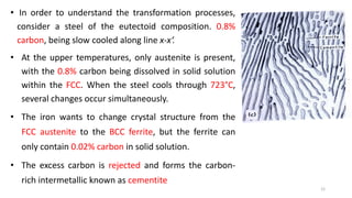 • In order to understand the transformation processes,
consider a steel of the eutectoid composition. 0.8%
carbon, being slow cooled along line x-x‘.
• At the upper temperatures, only austenite is present,
with the 0.8% carbon being dissolved in solid solution
within the FCC. When the steel cools through 723°C,
several changes occur simultaneously.
• The iron wants to change crystal structure from the
FCC austenite to the BCC ferrite, but the ferrite can
only contain 0.02% carbon in solid solution.
• The excess carbon is rejected and forms the carbon-
rich intermetallic known as cementite
12
 