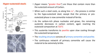• (hyper means "greater than") are those that contain more than
the eutectoid amount of Carbon.
• When such a steel cools, as along line z-z' , the process is similar
to the hypo-eutectoid steel, except that the primary or pro-
eutectoid phase is now cementite instead of ferrite.
• As the carbon-rich phase nucleates and grows, the remaining
austenite decreases in carbon content, again reaching the
eutectoid composition at 723°C
• This austenite transforms to pearlite upon slow cooling through
the eutectoid temperature
• The resulting structure consists of primary cementite and pearlite.
• The continuous network of primary cementite will cause the
material to be extremely brittle.
Hyper-eutectoid steels
21
 