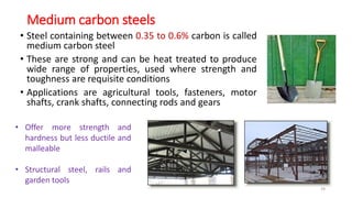 Medium carbon steels
• Steel containing between 0.35 to 0.6% carbon is called
medium carbon steel
• These are strong and can be heat treated to produce
wide range of properties, used where strength and
toughness are requisite conditions
• Applications are agricultural tools, fasteners, motor
shafts, crank shafts, connecting rods and gears
• Offer more strength and
hardness but less ductile and
malleable
• Structural steel, rails and
garden tools
29
 