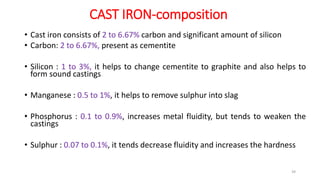 CAST IRON-composition
• Cast iron consists of 2 to 6.67% carbon and significant amount of silicon
• Carbon: 2 to 6.67%, present as cementite
• Silicon : 1 to 3%, it helps to change cementite to graphite and also helps to
form sound castings
• Manganese : 0.5 to 1%, it helps to remove sulphur into slag
• Phosphorus : 0.1 to 0.9%, increases metal fluidity, but tends to weaken the
castings
• Sulphur : 0.07 to 0.1%, it tends decrease fluidity and increases the hardness
39
 