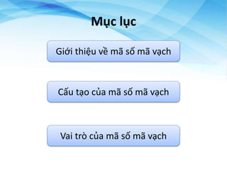 Mục lục
Giới thiệu về mã số mã vạch
Cấu tạo của mã số mã vạch
Vai trò của mã số mã vạch
 