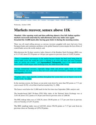 MSN News_Oct 8, 2008_Markets recover somewhat, key index again above 11K