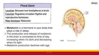 Melatonin is a hormone in your body that
plays a role in sleep.
The production and release of melatonin
in the brain is connected to time of day,
increasing when it's dark and decreasing
when it's light.
Melatonin production declines with age.
Mark Abejo
abejo
 