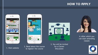 1. Visit website
2. Read about the course
& register the course
3. You will be invited
for a Career
Discussion
4. After which you
can start attending
classes
 