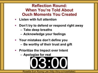Reflection Round:
When You’re Told About
Ouch Moments You Created
 Listen with full attention
 Don’t try to defend or respond right away
– Take deep breaths
– Acknowledge your feelings
 Your mistakes don’t define you
– Be worthy of their trust and gift
 Prioritize the Impact over Intent
– Apologize for real
Rosetta Eun Ryong Lee (http://tiny.cc/rosettalee)
 