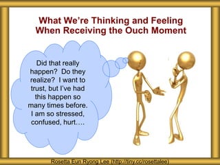 What We’re Thinking and Feeling
When Receiving the Ouch Moment
Rosetta Eun Ryong Lee (http://tiny.cc/rosettalee)
Did that really
happen? Do they
realize? I want to
trust, but I’ve had
this happen so
many times before.
I am so stressed,
confused, hurt….
 