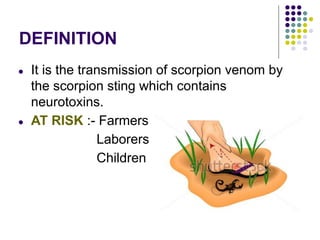 DEFINITION
● It is the transmission of scorpion venom by
the scorpion sting which contains
neurotoxins.
● AT RISK :- Farmers
Laborers
Children
 