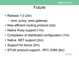 Future
● Release 1.0 (2w)
– core, proxy, www gateway
● New efficient routing protocol (2w)
● Native Ruby support (1m)
● Completion of distributed configuration (1m)
● Native .NET support (2m)
● Support for Azure (2m)
● STUN protocol support - RFC 5389 (tbc)
 
