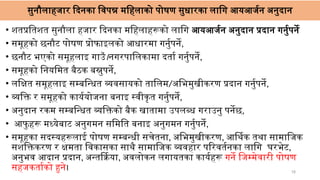 18
सुनौलाहजार दिनका विपन्न महिलाको पोषण सुधारका लागि आयआर्जन अनुदान
• शतप्रतिशत सुनौला हजार दिनका महिलाहरूको लागि आयआर्जन अनुदान प्रदान गर्नुपर्ने
• समूहको छनौट पोषण प्रोफाइलको आधारमा गर्नुपर्ने,
• छनौट भएको समूहलाइ गाउँ।नगरपालिकामा दर्ता गर्नुपर्ने,
• समूहको नियमित बैठक बस्नुपर्ने,
• लक्षित समूहलाइ सम्बन्धित व्यवसायको तालिम/अभिमुखीकरण प्रदान गर्नुपर्ने,
• व्यक्ति र समूहको कार्ययोजना बनाइ स्वीकृत गर्नुपर्ने,
• अनुदान रकम सम्बन्धित व्यक्तिको बैक खातामा उपलब्ध गराउनु पर्नेछ,
• आफु हरू मध्येबाट अनुगमन समिति बनाइ अनुगमन गर्नुपर्ने,
• समूहका सदस्यहरूलाई पोषण सम्बन्धी सचेतना, अभिमुखीकरण, आर्थिक तथा सामाजिक
सशक्तिकरण र क्षमता विकासका साथै सामाजिक व्यवहार परिवर्तनका लागि घरभेट,
अनुभव आदान प्रदान, अन्तर्क्रिया, अवलोकन लगायतका कार्यहरू गर्ने जिम्मेवारी पोषण
सहजकर्ताको हुने।
 