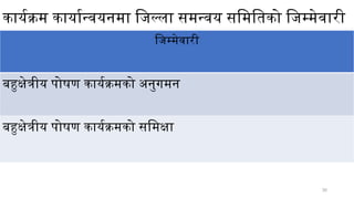30
कार्यक्रम कार्यान्वयनमा जिल्ला समन्वय समितिको जिम्मेवारी
जिम्मेवारी
बहुक्षेत्रीय पोषण कार्यक्रमको अनुगमन
बहुक्षेत्रीय पोषण कार्यक्रमको समिक्षा
 