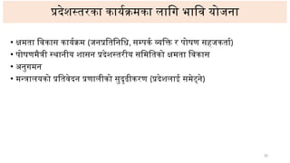 35
प्रदेशस्तरका कार्यक्रमका लागि भावि योजना
• क्षमता विकास कार्यक्रम (जनप्रतिनिधि, सम्पर्क व्यक्ति र पोषण सहजकर्ता)
• पोषणमैत्री स्थानीय शासन प्रदेशस्तरीय समितिको क्षमता विकास
• अनुगमन
• मन्त्रालयको प्रतिवेदन प्रणालीको सुदृढीकरण (प्रदेशलाई समेट्ने)
 