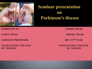SUBMITTED TO SUBMITTED BY
GANGA POTAI DIKSHA SINGH
ASSISTANT PROFESSOR BSC N 3RD YEAR
VIVEKANANDA COLLEGE VIVEKANANDA COLLEGE
OF NURSING OF NURSING
 