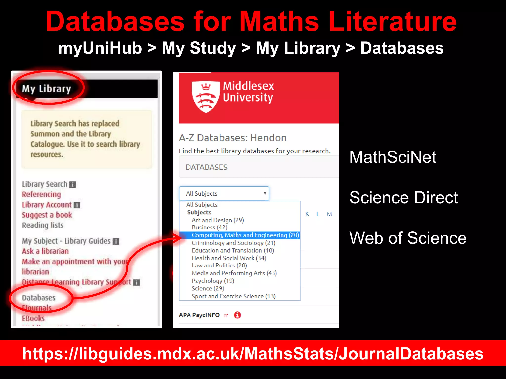 Databases for Maths Literature
myUniHub > My Study > My Library > Databases
https://libguides.mdx.ac.uk/MathsStats/JournalDatabases
• MathSciNet
• Science Direct
• Web of Science
 