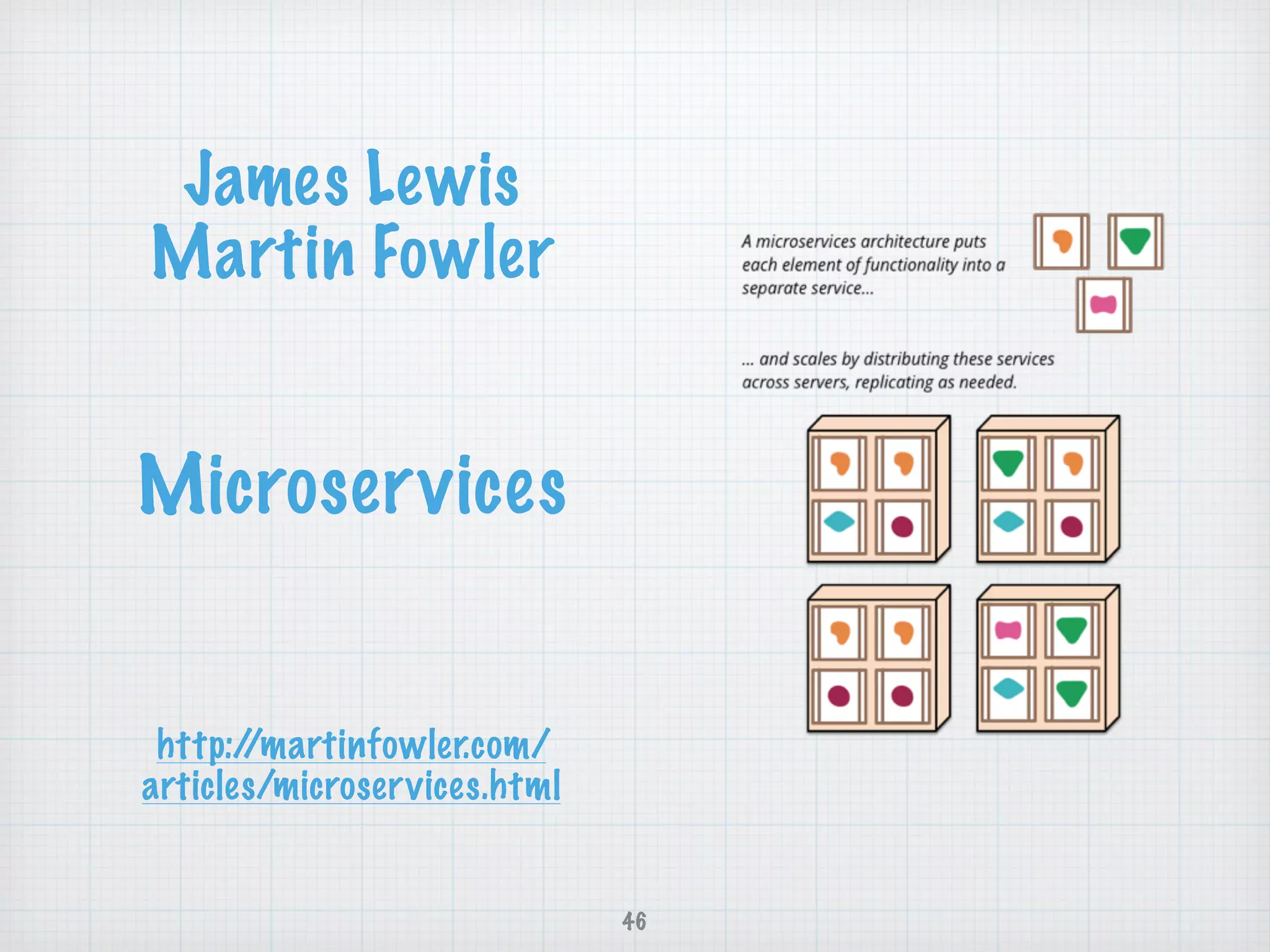 James Lewis 
Martin Fowler
Microservices
http://martinfowler.com/
articles/microservices.html
46
 