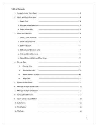 2
Table of Contents:
1. Navigate Inside Worksheets ---------------------------------------------------------------------------- 3
2. Work with Data Selections ---------------------------------------------------------------------------- 4
i. Select Cells ---------------------------------------------------------------------------- 4
ii. Manage Active Selections --------------------------------------------------------------------------- 5
iii. Select inside cells ---------------------------------------------------------------------------- 5
3. Insert and Edit Data ---------------------------------------------------------------------------- 6
i. Undo / Redo Shortcuts ---------------------------------------------------------------------------- 6
ii. Work with Clipboard ---------------------------------------------------------------------------- 6
iii. Edit Inside Cells ---------------------------------------------------------------------------- 6
iv. Edit Active or Selected Cells ------------------------------------------------------------------------ 7
v. Hide and Show Elements ------------------------------------------------------------------------ 8
vi. Adjust Column Width and Row Height -----------------------------------------------------------9
4. Format Data ---------------------------------------------------------------------------- 9
i. Format Cells ---------------------------------------------------------------------------- 9
ii. Number Formats ----------------------------------------------------------------------------10
iii. Apply Borders to Cells --------------------------------------------------------------------------10
iv. Align Cells ---------------------------------------------------------------------------11
5. Formulas and Names --------------------------------------------------------------------------- 11
6. Manage Multiple Worksheets --------------------------------------------------------------------------- 12
7. Manage Multiple Workbooks ----------------------------------------------------------------------------13
8. Various Excel Features ----------------------------------------------------------------------------13
9. Work with the Excel Ribbon -----------------------------------------------------------------------------14
10. Data Forms -----------------------------------------------------------------------------15
11. Pivot Tables -----------------------------------------------------------------------------15
12. The Rest -----------------------------------------------------------------------------16
 