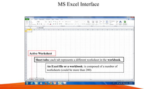 An Excel file or a workbook: is composed of a number of
worksheets (could be more than 200)
Sheet tabs: each tab represents a different worksheet in the workbook.
Active Worksheet
MS Excel Interface
 