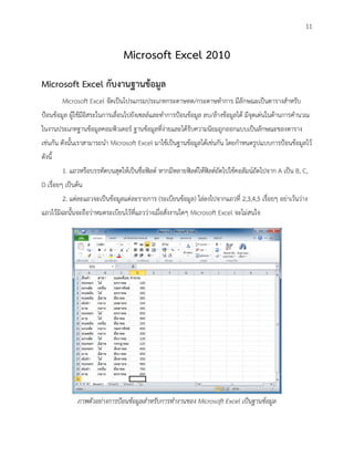 11


                                Microsoft Excel 2010
Microsoft Excel กับงานฐานข้อมูล
         Microsoft Excel จัดเป็นโปรแกรมประเภทกระดาษทด/กระดาษทาการ มีลักษณะเป็นตารางสาหรับ
ป้อนข้อมูล ผู้ใช้มีอิสระในการเลื่อนไปยังเซลล์และทาการป้อนข้อมูล ลบ/ล้างข้อมูลได้ มีจุดเด่นในด้านการคานวณ
ในงานประเภทฐานข้อมูลคอมพิวเตอร์ ฐานข้อมูลที่ง่ายและได้รับความนิยมถูกออกแบบเป็นลักษณะของตาราง
เช่นกัน ดังนั้นเราสามารถนา Microsoft Excel มาใช้เป็นฐานข้อมูลได้เช่นกัน โดยกาหนดรูปแบบการป้อนข้อมูลไว้
ดังนี้
         1. แถวหรือบรรทัดบนสุดให้เป็นชื่อฟิลด์ หากมีหลายฟิลด์ให้ฟิลด์ถัดไปใช้คอลัมน์ถัดไปจาก A เป็น B, C,
D เรื่อยๆ เป็นต้น
         2. แต่ละแถวจะเป็นข้อมูลแต่ละรายการ (ระเบียนข้อมูล) ไล่ลงไปจากแถวที่ 2,3,4,5 เรื่อยๆ อย่าเว้นว่าง
แถวไว้มิฉะนั้นจะถือว่าหมดระเบียนไว้ที่แถวว่างเมื่อสั่งงานใดๆ Microsoft Excel จะไม่สนใจ




               ภาพตัวอย่างการป้อนข้อมูลสาหรับการทางานของ Microsoft Excel เป็นฐานข้อมูล
 