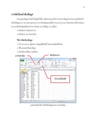 12

การจัดเรียงลาดับข้อมูล
        ในงานฐานข้อมูลเราจัดเก็บข้อมูลไว้เพื่อการค้นหาและจะเป็นการง่ายหากข้อมูลจานวนมากถูกจัดเรียงไว้
(นึกถึงข้อมูลมากๆ อย่างพจนานุกรม) หากเราป้อนข้อมูลของให้กับ Microsoft Excel เรียบร้อยตามข้อกาหนดเรา
สามารถจัดเรียงข้อมูลได้อย่างง่ายๆ ด้วยปุ่ม Sort ซึ่งมีอยู่ 2 แบบได้แก่
        การจัดเรียงจากน้อยไปหามาก
        การจัดเรียงจากมากไปหาน้อย

        วิธีการจัดเรียงข้อมูล
        1. ให้ Cell Active อยู่ในตารางข้อมูลที่พิมพ์ไว้ ในตาแหน่งฟิลด์ที่สนใจ
        2. ที่ริบบอนคลิกที่แถบข้อมูล
        3. คลิกเลือกคาสั่งในการจัดเรียง
      มากไปหาน้อย                                          น้อยไปหามาก




                                                                  ตัวกรองอัตโนมัติ




                             รูปแสดงปุ่มคาสั่งการจัดเรียงข้อมูลและการกรองข้อมูล
 