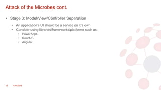 Attack of the Microbes cont.
• Stage 3: Model/View/Controller Separation
• An application’s UI should be a service on it’s own
• Consider using libraries/frameworks/platforms such as:
• PowerApps
• ReactJS
• Angular
15 4/11/2018
 
