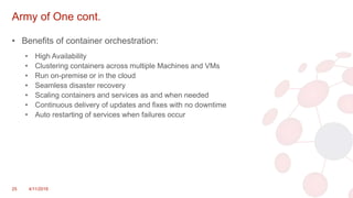 Army of One cont.
• Benefits of container orchestration:
• High Availability
• Clustering containers across multiple Machines and VMs
• Run on-premise or in the cloud
• Seamless disaster recovery
• Scaling containers and services as and when needed
• Continuous delivery of updates and fixes with no downtime
• Auto restarting of services when failures occur
25 4/11/2018
 
