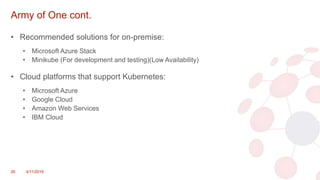 Army of One cont.
• Recommended solutions for on-premise:
• Microsoft Azure Stack
• Minikube (For development and testing)(Low Availability)
• Cloud platforms that support Kubernetes:
• Microsoft Azure
• Google Cloud
• Amazon Web Services
• IBM Cloud
26 4/11/2018
 