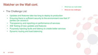 Watcher on the Wall cont.
• The Challenge List:
• Updates and features take too long to deploy to production
• Ensuring there is sufficient security to the environment now that 3rd
parties can access it
• Transparency and reporting on performance of services
• A/B Testing of new updates and features
• Purposely injecting faults and latency to create better services
• Dynamic routing and load balancing
35 4/11/2018
• What have we made better
• What are new challenges
 
