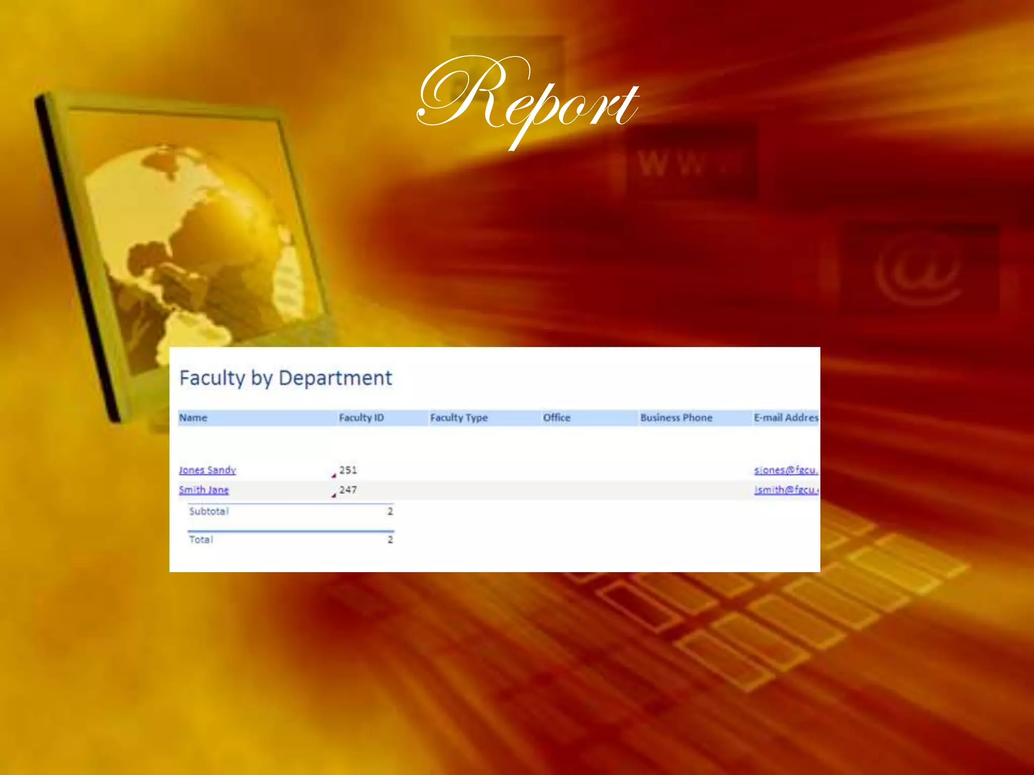 RecordsetA recordset is a table that displays groups of records from a base table or as a query result.  FormA form is a graphical interface that is used to display and edit data.  Forms can be developed from a table or a query.  Forms can include calculations, graphics and objects.
