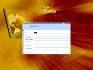 Database Terms TableA table is a collection of information arranged in rows and columns.  Information about an item is displayed in a row.  Columns contain the same type of information for each item.  The table has a header row that tells you what data is contained in the columns.