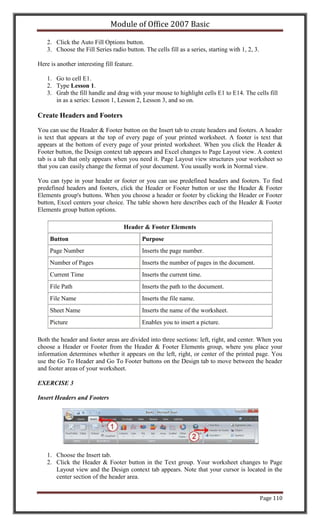Module of Office 2007 Basic

    2. Click the Auto Fill Options button.
    3. Choose the Fill Series radio button. The cells fill as a series, starting with 1, 2, 3.

Here is another interesting fill feature.

    1. Go to cell E1.
    2. Type Lesson 1.
    3. Grab the fill handle and drag with your mouse to highlight cells E1 to E14. The cells fill
       in as a series: Lesson 1, Lesson 2, Lesson 3, and so on.

Create Headers and Footers

You can use the Header & Footer button on the Insert tab to create headers and footers. A header
is text that appears at the top of every page of your printed worksheet. A footer is text that
appears at the bottom of every page of your printed worksheet. When you click the Header &
Footer button, the Design context tab appears and Excel changes to Page Layout view. A context
tab is a tab that only appears when you need it. Page Layout view structures your worksheet so
that you can easily change the format of your document. You usually work in Normal view.

You can type in your header or footer or you can use predefined headers and footers. To find
predefined headers and footers, click the Header or Footer button or use the Header & Footer
Elements group's buttons. When you choose a header or footer by clicking the Header or Footer
button, Excel centers your choice. The table shown here describes each of the Header & Footer
Elements group button options.

                                    Header & Footer Elements
     Button                                 Purpose
     Page Number                            Inserts the page number.
     Number of Pages                        Inserts the number of pages in the document.
     Current Time                           Inserts the current time.
     File Path                              Inserts the path to the document.
     File Name                              Inserts the file name.
     Sheet Name                             Inserts the name of the worksheet.
     Picture                                Enables you to insert a picture.

Both the header and footer areas are divided into three sections: left, right, and center. When you
choose a Header or Footer from the Header & Footer Elements group, where you place your
information determines whether it appears on the left, right, or center of the printed page. You
use the Go To Header and Go To Footer buttons on the Design tab to move between the header
and footer areas of your worksheet.

EXERCISE 3

Insert Headers and Footers




    1. Choose the Insert tab.
    2. Click the Header & Footer button in the Text group. Your worksheet changes to Page
       Layout view and the Design context tab appears. Note that your cursor is located in the
       center section of the header area.


                                                                                                 Page 110
 