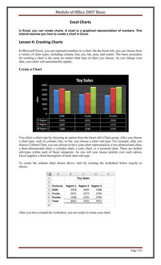 Module of Office 2007 Basic

                                        Excel Charts
In Excel, you can create charts. A chart is a graphical representation of numbers. This
tutorial teaches you how to create a chart in Excel.

Lesson 4: Creating Charts

In Microsoft Excel, you can represent numbers in a chart. On the Insert tab, you can choose from
a variety of chart types, including column, line, pie, bar, area, and scatter. The basic procedure
for creating a chart is the same no matter what type of chart you choose. As you change your
data, your chart will automatically update.

Create a Chart




You select a chart type by choosing an option from the Insert tab's Chart group. After you choose
a chart type, such as column, line, or bar, you choose a chart sub-type. For example, after you
choose Column Chart, you can choose to have your chart represented as a two-dimensional chart,
a three-dimensional chart, a cylinder chart, a cone chart, or a pyramid chart. There are further
sub-types within each of these categories. As you roll your mouse pointer over each option,
Excel supplies a brief description of each chart sub-type.

To create the column chart shown above, start by creating the worksheet below exactly as
shown.




After you have created the worksheet, you are ready to create your chart.




                                                                                         Page 116
 