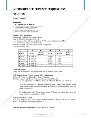 MICROSOFT OFFICE PRACTICE QUESTIONS
24rmmakaha@gmail.com
QUESTION
Excel: Practice 1
RUBRIC
0 3 5 8 10
Less than 25% of
items completed
correctly.
More than 25% of
items completed
correctly
More than 50% of
items completed
correctly
More than 75% of
items completed
correctly
All items
completed
correctly
Each step to complete is considered a single item, even if it is part of a larger string of steps.
Objectives:
The Learner will be able to:
1. Enter data into an Excel Spreadsheet
2. Apply Currency and Percent formatting to cells at least 75% of the time
3. Use the Function tool to calculate PMT arguments at least 75% of the time
4. Apply formatting to cell text
5. Use Goal Seek command at least 75% of the time
Calculate a Car Payment
Start Microsoft Excel and type the following labels:
In Cell A1 type: Present Value
In Cell A2 type: Interest
In Cell A3 type: Months
In Cell A4 type: Payment
Select Column A and format the labels bold
Add the following information and format the cells
Select Cell B1 and format for Currency
In Cell B1 type: 20,000
In Cell B2 type: 6.5
In Cell B3 type: 48
Select Cell B2 and format for Percent: increase or decrease the decimal places if needed
Insert Functions
Select Cell B4 and use the Function tool to calculate the PMT
The Rate (Cell B4) is divided by 12 to get a monthly payment
Your equation should look like this: =PMT(B2/12,B3,B1)
The payment is a negative number
Use Goal Seek
What would you meet the goal of a paying $350.00 for 60 months?
Save the spreadsheet and name it: Excel Advanced Practice 1
A B C D
1 Present Value $20,000
2 Interest 6.5%
3 Months 48
4 Payment
 