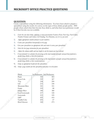 MICROSOFT OFFICE PRACTICE QUESTIONS
34rmmakaha@gmail.com
QUESTION
Using a spreadsheet package you have studied, construct T Morongo’s pay slip for December 2008 following
the instructions below. Insert a custom footer with your name, subject, course, exam/Test & question
number. Save it as Salary advice. (5 marks)
SALARY ADVICE FOR DECEMBER 2010
EMPLOYEE : T MARONGO
STAFF NO. : 004
DATE : 31 DECEMBER 2010
NEXT PAY DATE : 31 JANUARY 2011
BASIC SALARY p.a.: $ 31200.00
INCOME AMOUNT DEDUCTIONS AMOUNT
Basic Salary Pension @ 8%
Housing Subsidy P.A.Y.E.
Vehicle Allowance U.I.F.
Medical Aid
Bond Repayment
Gross Income Total Deductions
Net Salary
INSTRUCTIONS
i. Housing Subsidy $6000 per year. [2]
ii. Car Allowance $100 per month.[2]
iii. Pension 8% on Basic Salary.[2]
iv. P.A.Y.E. $636.83 [2]
v. Medical Aid $70.[2]
vi. U.I.F 1% on Basic Salary + Housing Subsidy. [2]
vii. Bond Repayment $630.[2]
viii. Calculate Net Salary. [4]
ix. Format all figures to 2d.p. and insert a z$ currency symbol. [5]
x. Insert a custom footer with your name, subject, course, exam/Test & question
number. Save it as Salary advice2. [2]
All your field names or cells must fit on one page otherwise marks will be deducted. Use your print preview regularly.
 