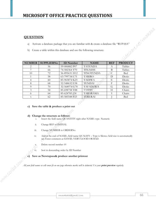MICROSOFT OFFICE PRACTICE QUESTIONS
66rmmakaha@gmail.com
QUESTION
a) Create a worksheet using data below & save it as Sales& produce a print out.
[3 marks]
Product Percentage Sales
Mouse
Keyboards
Hard disks
CD-ROMs
Floppy disks
Sound Cards
CD-R
Monitors
10
12
8
10
20
8
12
20
b) Create a pie chart using the data above. On the chart put/ Display Data labels indicating label &
percent. [3 marks]
c) The chart title should be: COMPUTER CONSUMABLES PERCENTAGE SALES. It should be inside
the chart (font type: Agency FB & font size 14, underline the title). [3 marks]
d) Format the legend font type to Agency FB & font size to 8. Reduce the size of your legend if it is
coming to contact with the Chart title. [3 marks]
e) Format data labels font size to 10 & font type to Agency FB or Arial narrow. [3 marks]
f) Using your print preview make your pie chart large & fitting. Save your pie chart as Piesales [5 marks]
g) Create a worksheet from the following data & save it as cellphones print copy
[3 marks]
h) Create a Column chart from the data above. Use the first chart sub-type.
[3 marks]
i) Insert a chart title: CELLPHONES PRICE GRAPH. It should be inside the chart (font type: Algerian &
font size 14, underline the title). [3 marks]
j) Format the legend font type to Agency FB & font size to 8 & bold it. [3 marks]
k) Label the X-axis (Mobile Type) & Y-axis (Amount (Z$)), & the font type of the X & Y-axis to Agency
FB, size 10. [8 marks]
l) Using your print preview make your column graph large & fitting. Make sure every cell phone or mobile
name is appearing on your graph. Save your column graph as Cellbar& print a copy. [5 marks]
m) Print a directory listing. [5 marks]
All your field names or cells must fit on one page otherwise marks will be deducted. Use your print preview regularly.
Cell phone Price ($)
Nokia 5510
Sagem 300
Nokia 3330
Philips C50
Nokia 3410
Nokia 2110
Motorola C300
Siemens A50
Samsung 200
500
2500
3000
4500
5000
4000
3500
2000
1000
 