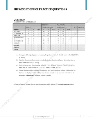 MICROSOFT OFFICE PRACTICE QUESTIONS
71rmmakaha@gmail.com
QUESTION
Create the following slides using a presentation package.
Insert a sporting picture from the art gallery on the right hand side of the bulleted text. Save as
Sports and print a copy. (15 marks)
SPORTS CALENDAR
TESAZ 23 – 27 May 2006 (BULAWAYO)
ZITCOSA 10 – 12 June 2006 (MUTARE)
ZUSA 22 – 26 June 2006 (GWERU)
CUCSA 9 – 10 July 2006 (CAPE TOWN)
Create the slide using data below. Save as AIDS and print a copy.
WHAT IS HIV AND AIDS?
Human Acquired
Immunodeficiency Immune
Virus Deficiency
Syndrome
QUESTION
Congratulations on your appointment as assistant marketing manager. The company has 50 sales
representatives across the country. Laptop computers have just be ordered for the entire sales staff and will be
delivered at the next meeting.
Prepare a PowerPoint presentation that can be used by the sales staff to promote a product of your choice.
The completed presentation should have three (3) slides. [12 marks]
Include a Clip-Art picture. [2 marks]
Save your document as My Project & produce a print out [6 marks]
 