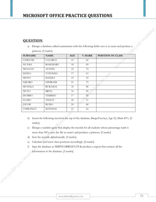 MICROSOFT OFFICE PRACTICE QUESTIONS
75rmmakaha@gmail.com
QUESTION
COURSEWORK MARKSHEET
a) Using spreadsheet package you have learnt, design the above mark sheet & save it as MARKSHEET.
[6 marks]
b) Calculate the missing figures using formulas [embolden the missing figures] & save the sheet as
NEWMARKSHEET. [14 marks]
c) Insert a chart as new sheet showing: NAMES, TEST MARKS, THEORY ASSIGNMENT, &
PRACTICAL ASSIGNMENTS & save it as MARKCHART. [5 marks]
d) Change the spreadsheet to display formulae you have used. Adjust the column width so that the
formulae are displayed in full and the sheet fits into one side of A4 landscape format. Save the
worksheet as formulas in landscape format. [5 marks]
All your field names or cells must fit on one page otherwise marks will be deducted. Use your print preview regularly.
THEORY PRACTICAL
TESTS ASSIGNMENTS ASSIGNMENTS 60% INT.60%
NAMES 1 2 20% 1 2 15% 1 2 25%
NYONI A. 73 55 - 89 50 - 90 60 - - -
GUNYEKU M. 74 55 - 75 54 - 85 65 - - -
BIKWA K. 77 55 - 70 63 - 80 70 - - -
MAKEDENGE
C. 55 73 - 66 65 - 75 75 - - -
DHANERA M. 60 58 - 70 70 - 75 80 - - -
GARA X. 85 51 - 40 73 - 75 85 - - -
Average - - - - - - - - - - -
Highest - - - - - - - - - - -
Lowest - - - - - - - - - - -
 