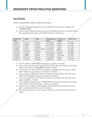 MICROSOFT OFFICE PRACTICE QUESTIONS
83rmmakaha@gmail.com
QUESTION
You have been tasked to give a presentation to workers about LOCAL AREA NETWORKS &
WIDE AREA NETWORKS
Create a PowerPoint presentation with the main title being LANs and WANsas the first slide.
Use the layout below.
Create the following slides:
Slide 2: LOCAL AREA NETWORKS
 (1) A computer network located on a user's premises within a communication across the
LAN boundary may be subject to some form of regulation.
 (2) A network in which a set of devices are connected to one another for communication
and that can be connected to a larger network.
Slide 3: WIDE AREA NETWORKS
 A wide area network (WAN) is a geographically dispersed telecommunications network. The
term distinguishes a broader telecommunication structure from a local area network.
 A wide area network may be privately owned or rented, but the term usually connotes the
inclusion of public (shared user) networks.
Slide 4: ADVANTAGES OF NETWORKS
 It turns isolated computers into integrated systems,
 Resource sharing
 It allows growth.
 Users realize the benefit of sharing information.
 Sharing devices such as printers saves money.
 Site licenses are likely to be cheaper than buying several stand-alone licenses.
 Files can easily be shared between users.
 Network users can communicate by email.
 Security is good
 A file server is easy to back up as all the data is stored in one place
Slide 5: DISADVANTAGES OF NETWORKS
 Security concerns.
 Increased administration.
 Network failure.
 Virus attack.
 Purchasing the network cabling and file servers can be expensive.
 Managing a large network is complicated,
 If the file server breaks down the files on the file server become inaccessible.
 There is a danger of hacking
Save the files as NETWORKS& print a copy.
 