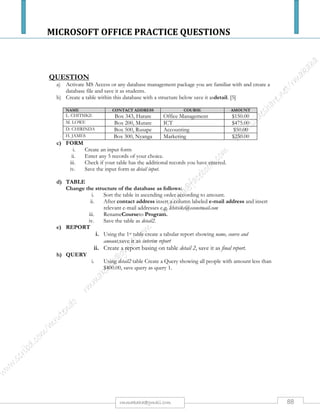 MICROSOFT OFFICE PRACTICE QUESTIONS
88rmmakaha@gmail.com
QUESTION
a) Activate a database package that you are familiar with & create a database file “STAFFREC”
b) Create a table within this database and use the following structure:
NUMBER SURNAME DOB SEX DEPARTMENT SALARY
330 CHITEWO 09/03/83 M Administration $330 450
A020 MYAMBO 18/04/80 F Accounting $245 000
A105 KUCHOCHA 07/03/80 F Accounting $600 000
A145 MAITERA 18/04/80 M Administration $550 000
D105 MUGOCHI 10/10/83 M Dispatch $611 000
F001 TONJE 25/12/85 M Factory $550 000
F120 NKUHLANDE 02/01/75 M Factory $845 000
M1103 KATERERE 31/12/84 F Marketing $490 850
M145 MOYO 20/10/83 F Marketing $320 000
P125 MANYORE 12/12/86 M Purchasing $490 850
c) Save the table as STAFF & produce a print out
d) FORM
i. Create an input form
ii. Enter any 5 records of your choice.
iii. Check if your table has the additional records you have entered.
iv. Save the input form as staff input.
e) TABLE
Change the structure of the database as follows:
i. Insert the fieldname NAME after NUMBER and fill in the details.
ii. Insert the field name GRADE after DEPARTMENT. Enter the grades for each employee
as A, B or C.
iii. Change the field type for Long Date to Short Date.
iv. Change NUMBER to EMP NUMBER.
v. Add record number 16 using the input form with the following details: A345, MAREZVA,
JOS, 01/01/85, M, Administration, B, $450 000
vi. Sort in descending order by surname
vii. Save table as NewStaffRec
f) REPORT
i. Using the 1sttable create a tabular report showing surname, sex, department and
salaryonly.
ii. Using the 2ndtable create a tabular report showing all details in landscape format.
g) QUERY
i. Create a Query showing all people born after 1980, save query as query 1.
ii. Create a Query showing all males born before 1980, save query as query 2.
iii. Create a Query showing all males born after 1980 who earn above $600 000, save
query as query 3.
iv. Create a Query showing all females showing surname, department, sex and salary
only, save query as query 4.
All your field names or cells must fit on one page otherwise marks will be deducted. Use your print preview regularly.
 