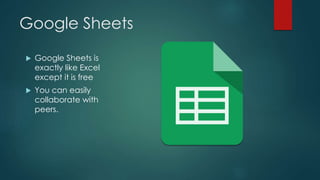Google Sheets
 Google Sheets is
exactly like Excel
except it is free
 You can easily
collaborate with
peers.
 