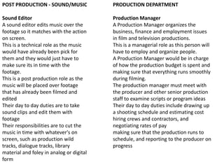 POST PRODUCTION - SOUND/MUSIC

PRODUCTION DEPARTMENT

Sound Editor
A sound editor edits music over the
footage so it matches with the action
on screen.
This is a technical role as the music
would have already been pick for
them and they would just have to
make sure its in time with the
footage.
This is a post production role as the
music will be placed over footage
that has already been filmed and
edited
Their day to day duties are to take
sound clips and edit them with
footage
Their responsibilities are to cut the
music in time with whatever's on
screen, such as production wild
tracks, dialogue tracks, library
material and foley in analog or digital
form

Production Manager
A Production Manager organizes the
business, finance and employment issues
in film and television productions.
This is a managerial role as this person will
have to employ and organize people.
A Production Manager would be in charge
of how the production budget is spent and
making sure that everything runs smoothly
during filming.
The production manager must meet with
the producer and other senior production
staff to examine scripts or program ideas
Their day to day duties include drawing up
a shooting schedule and estimating cost
hiring crews and contractors, and
negotiating rates of pay
making sure that the production runs to
schedule, and reporting to the producer on
progress

 